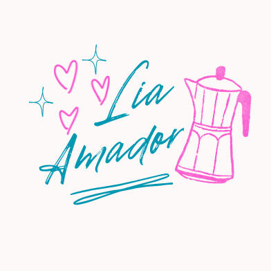 Logo, Lia Amador in a cursive font with hearts and stars in the upper left and a cafetera to the right